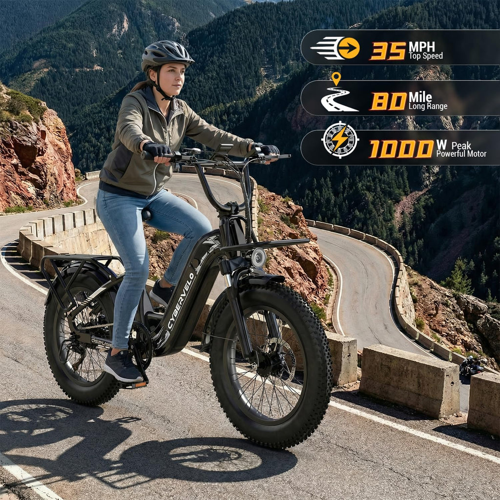 Cybervelo 1500W Motor Peak Electric Bike for Adults and Teenagers, 48V 20AH Removable Battery Step Thru EBike, 30+MPH, 80 Miles Max Range, 20' Fat Tire Adult Electric Bicycles for 7 Speed