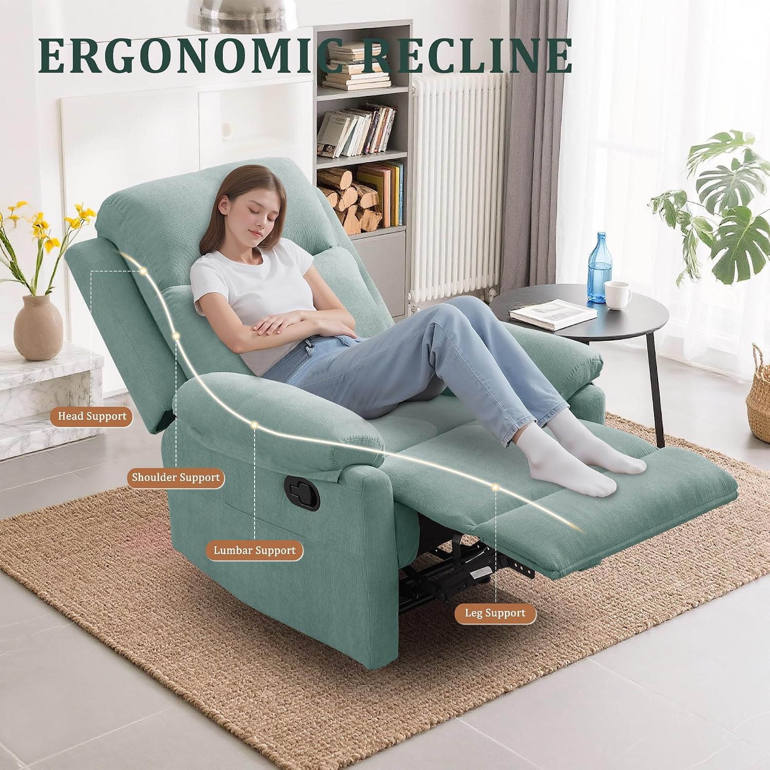 Korser Recliner Chair, Manual Recliner for Adults with Side Pocket, Small Recliners for Small Spaces, Adjustable Comfy Overstuffed Corduroy Reclining Chairs for Living Room, Reading, Bedroom, Teal