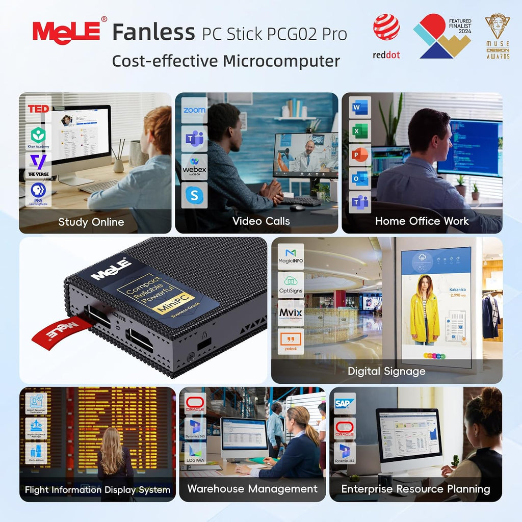 MeLE PCG02 Pro Fanless N100 Mini PC Stick 8GB LPDDR4x 128GB eMMC Win11pro Slim Micro Computer Stick Dual HDMI 4K Display WiFi 5 BT5.1 GbE, Support PD3.0 Protocol, on IoT, Digital Signage, MES, WMS
