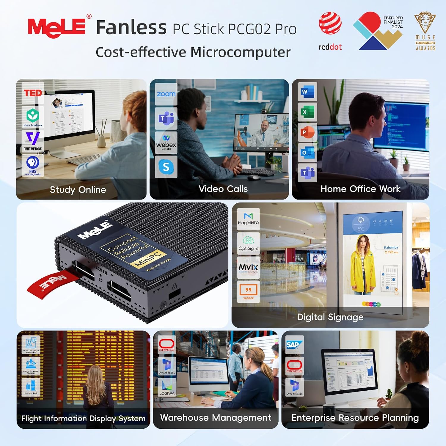 MeLE PCG02 Pro Fanless N100 Mini PC Stick 8GB LPDDR4x 128GB eMMC Win11pro Slim Micro Computer Stick Dual HDMI 4K Display WiFi 5 BT5.1 GbE, Support PD3.0 Protocol, on IoT, Digital Signage, MES, WMS