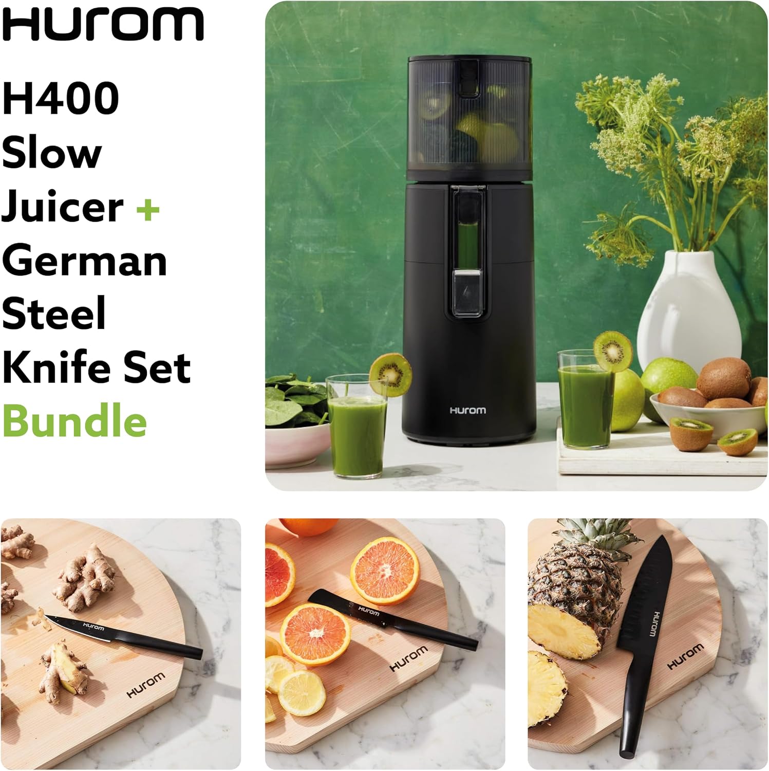 Hurom Black H400 Award Winning Cold Press Juicer Machine with German Steel Knife Set, Strainer & Hands Free with Self-Feeding Hopper, Corrosion-Resistant Blades, Easy Assembly (550ml/ 18.6oz)
