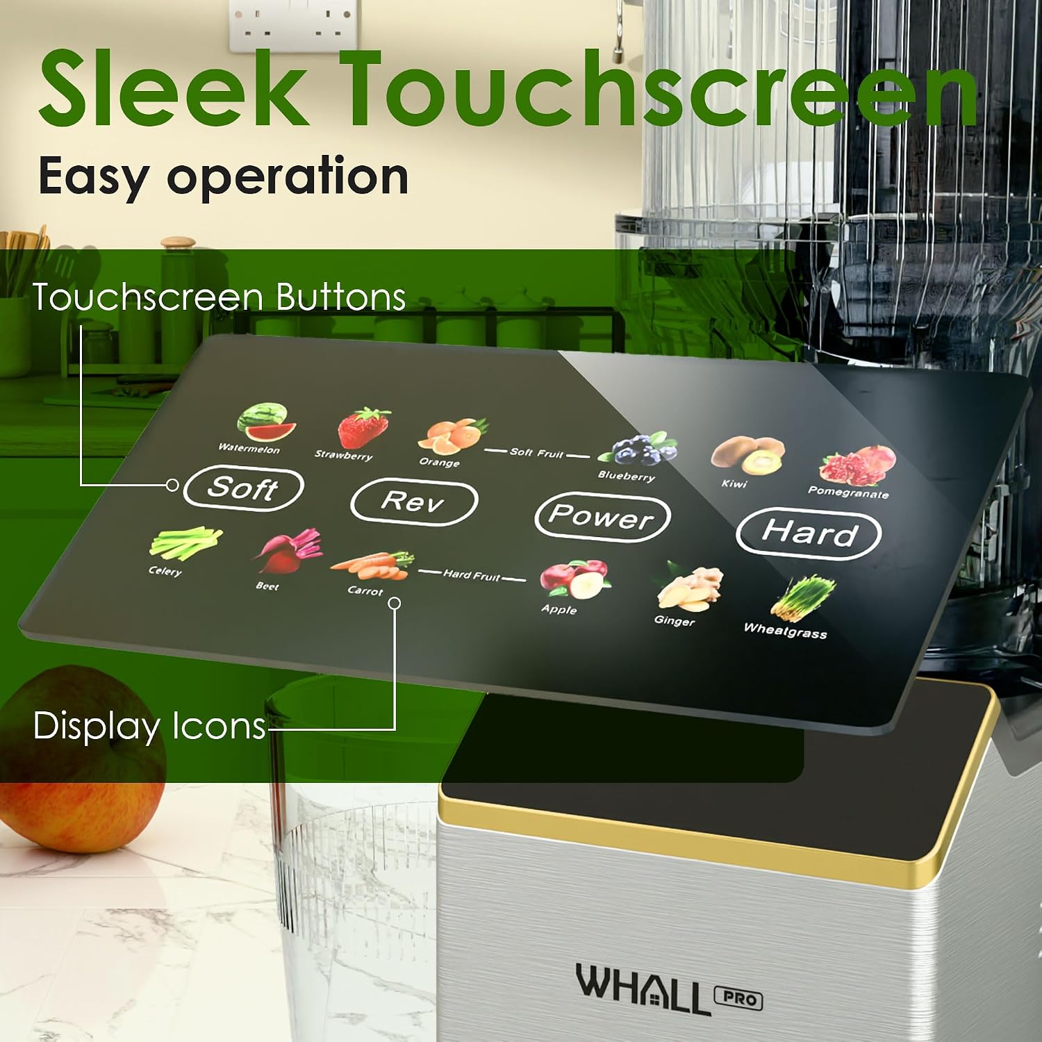 Slow Masticating Juicer machines, Touch Control Cold Press Juicer with Wide Feed Chute, Juicer Easy to Clean for Whole Vegetables Fruits, Ergonomic Operational Panel, High Juice Yield, Steel