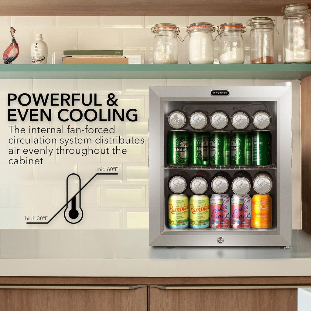 Whynter Beverage Refrigerator with Double-Layer Glass Door, 68-Can 1.6 Cu Ft Freestanding Drink Mini Fridge, BR-062WS, Stainless Steel