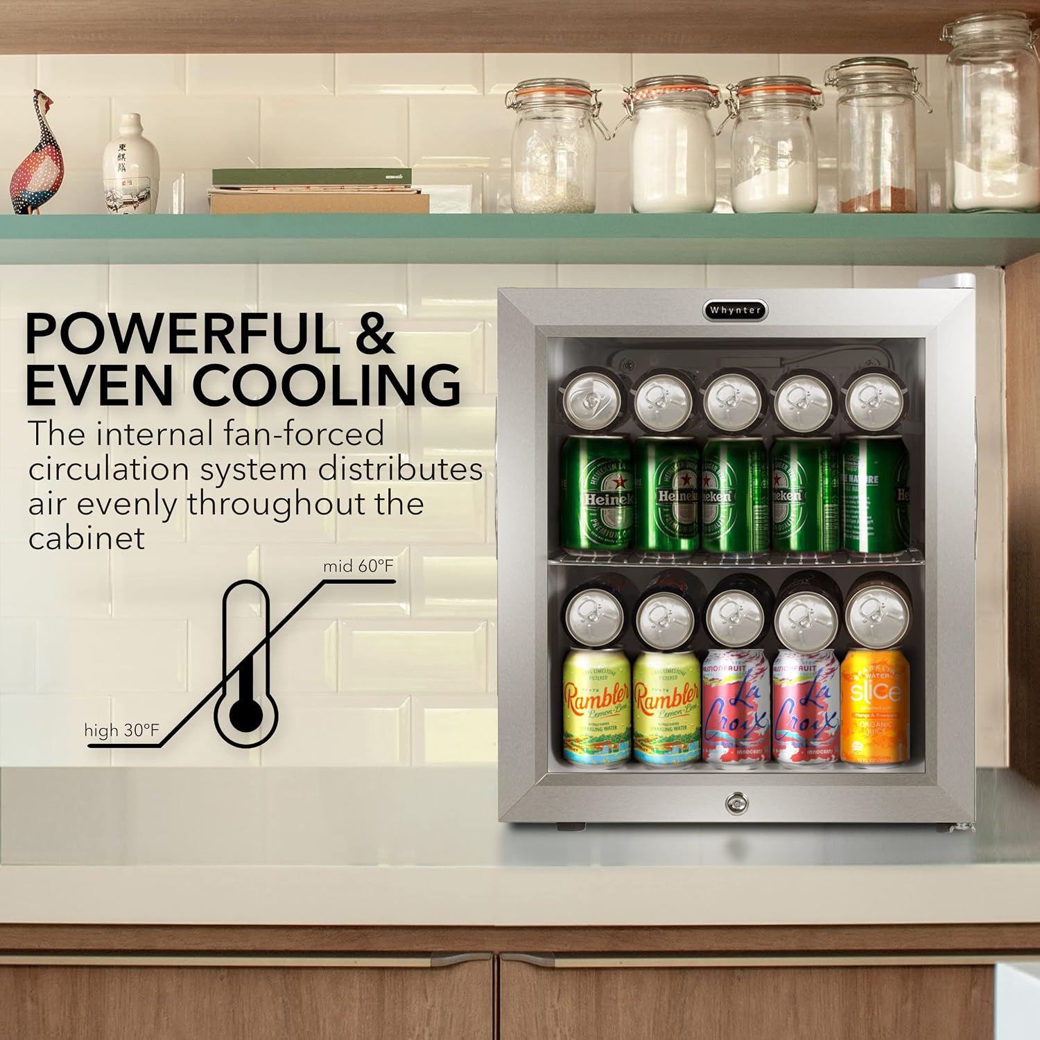 Whynter Beverage Refrigerator with Double-Layer Glass Door, 68-Can 1.6 Cu Ft Freestanding Drink Mini Fridge, BR-062WS, Stainless Steel