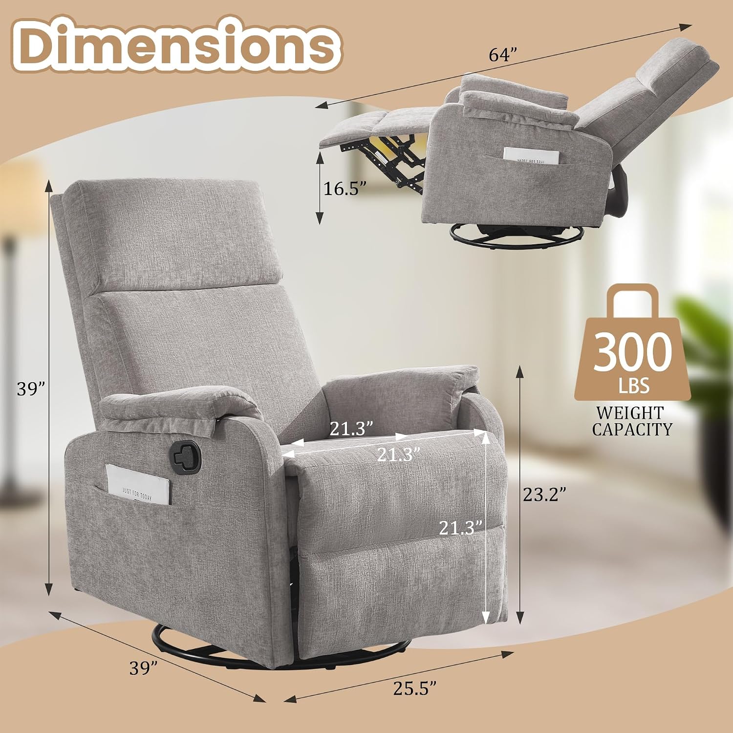 Korser Swivel Rocking Recliner with Massage, Small Glider Chair for Nursery, Modern-Designed Armrests Chair for Adults Living Room, Chenille, Grey
