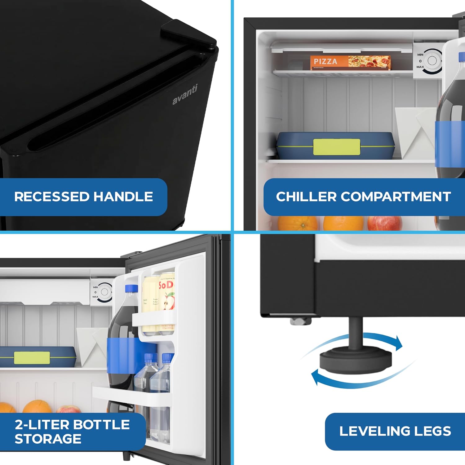 Avanti Mini Fridge 1.6 Cu. Ft. Compact Refrigerator for Dorm, Office & Bedroom, Chiller Compartment, Glass Shelf, Reversible Door, ENERGY STAR, Black