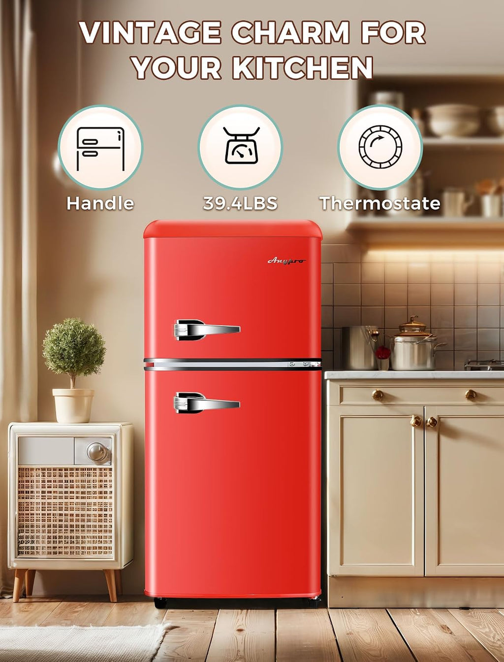 Anypro 3.2 Cu.Ft Refrigerator, Double Door Retro Fridge with Freezer, 7 Adjustable Temperature Settings, Low Noise, Removable Glass Shelves for Dorm, Office, Bedroom, Apartment, Red
