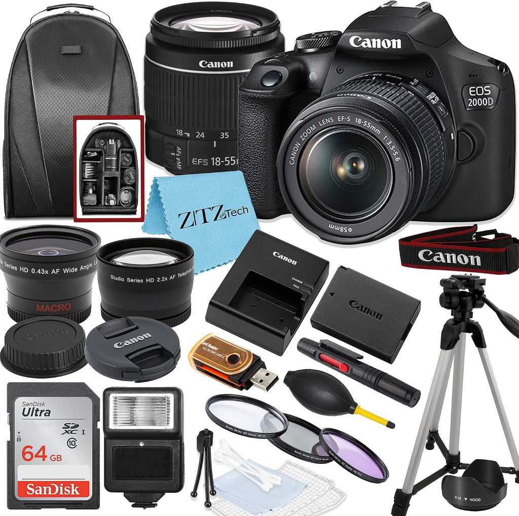 Canon EOS 2000D / Rebel T7 DSLR Camera with EF-S 18-55mm Zoom Lens + SanDisk 64GB Memory Card + Tripod + Case + Wideangle Lenses + ZeeTech Accessory Bundle (20pc Bundle) (Renewed)
