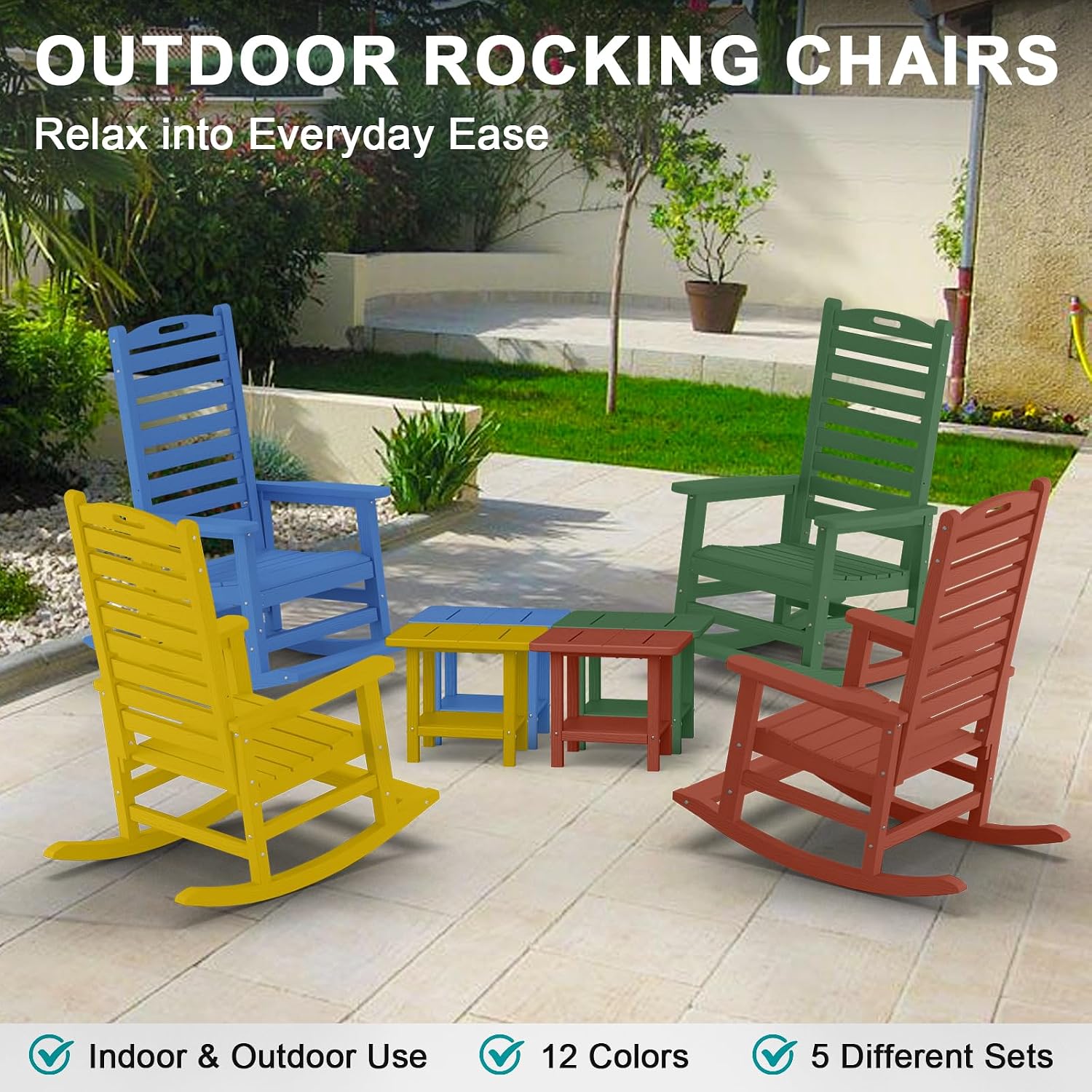 PLUUV Outdoor Rocking Chair Set of 2 with Removable Footboard for Adults, HDPE High Back Patio Rocking Chairs, 330lbs All Weather Porch Rocking Chairs for Outdoor & Indoor -Navy Blue