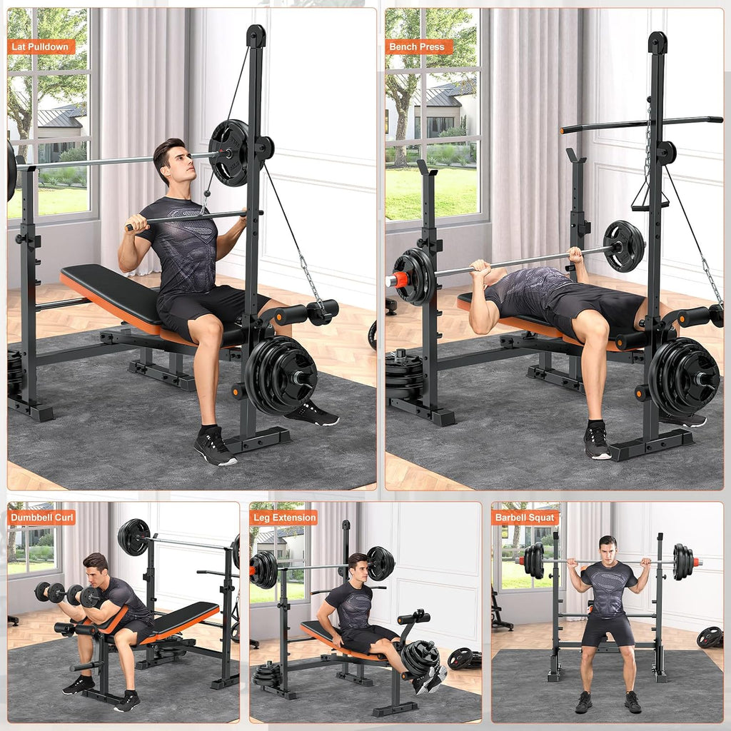 9-in-1 Adjustable Olympic Weight Bench with Lat Pulldown, Row, Squat Rack & Leg Curl – Multi-Function Strength Training Bench Press for Home Gym Full Body Workout
