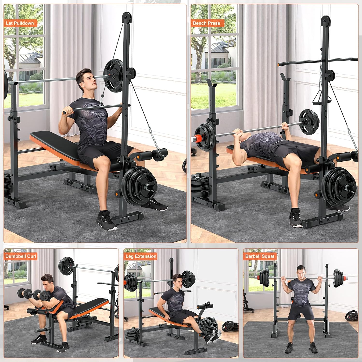 9-in-1 Adjustable Olympic Weight Bench with Lat Pulldown, Row, Squat Rack & Leg Curl – Multi-Function Strength Training Bench Press for Home Gym Full Body Workout