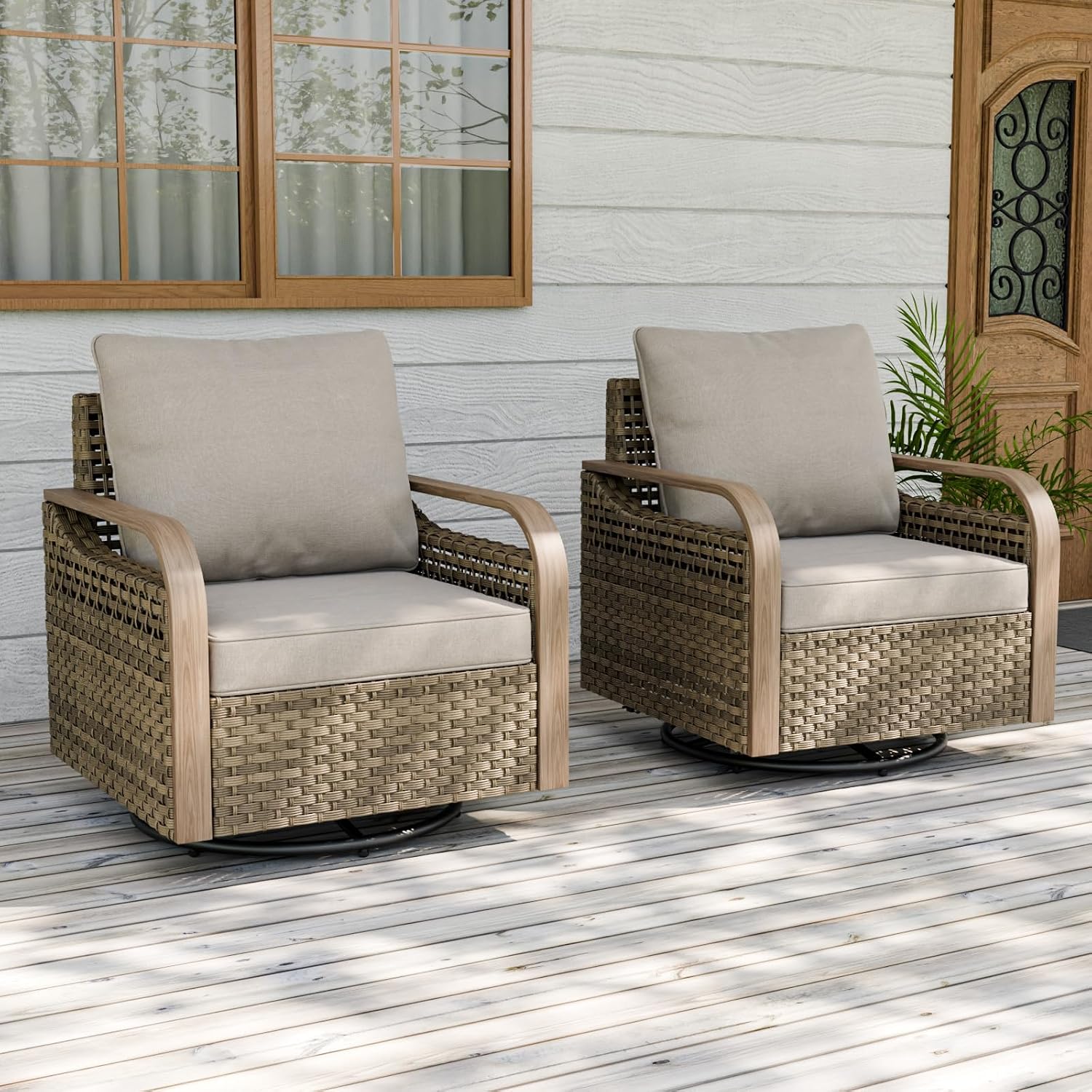 EAGLE PEAK Modern Wicker Outdoor Glider Rocking Chair, Swivel Rocker, Rattan Patio Furniture for Yard Deck Porch Garden, 2 Chairs, Brown/Gray