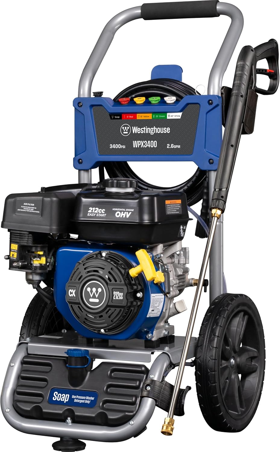 Westinghouse WPX3400SC Gas Pressure Washer with 15-inch Surface Cleaner, 3400 PSI and 2.6 Max GPM, Onboard Soap Tank, Spray Gun and Wand, 5 Nozzle Set, for Cars/Fences/Driveways/Homes/Patios/Furniture
