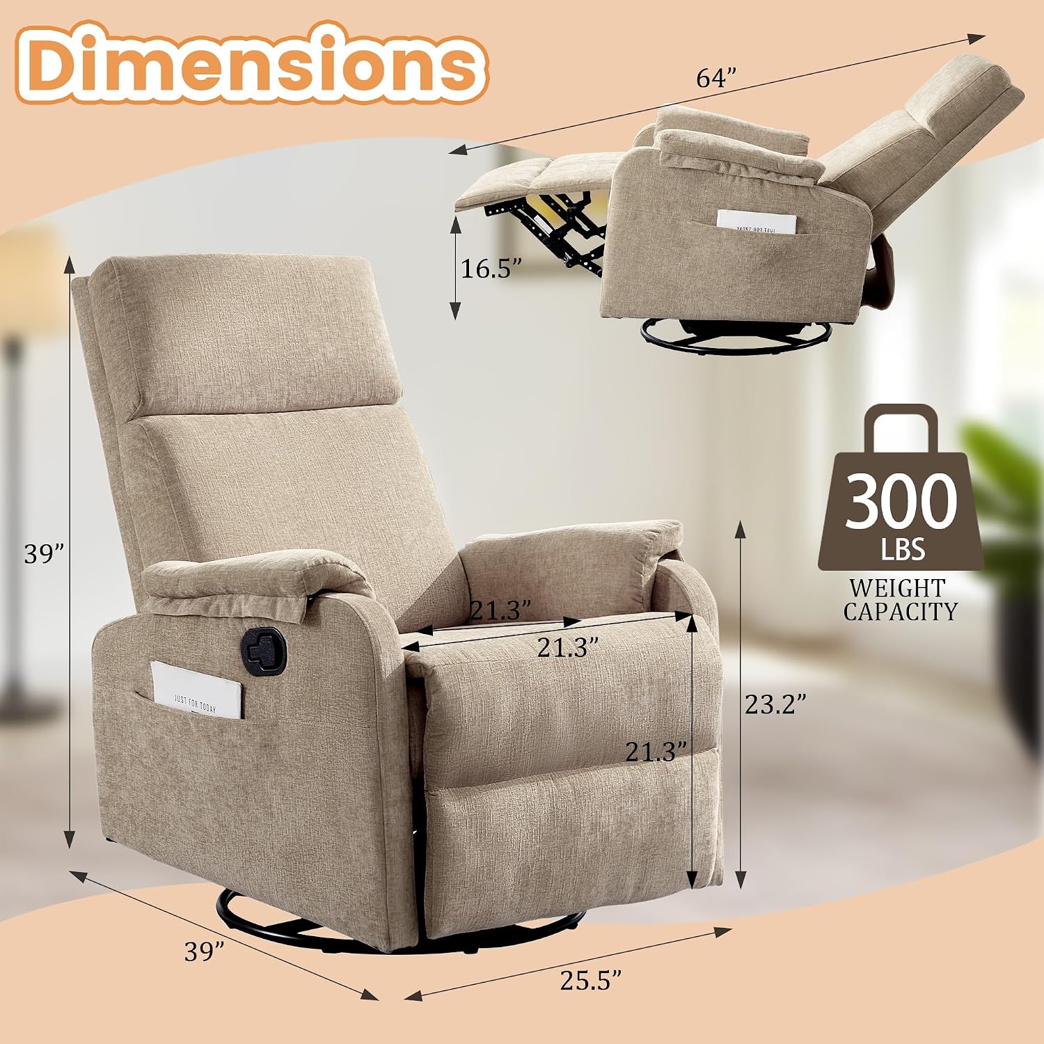 Korser Recliner Chair, Swivel Rocking Recliner Chair for Adults, Glider Rocking Chair, Small Nursery Chair Recliner for Living Room, Reclining Chair with Modern-Designed Armrests, Chenille, Khaki