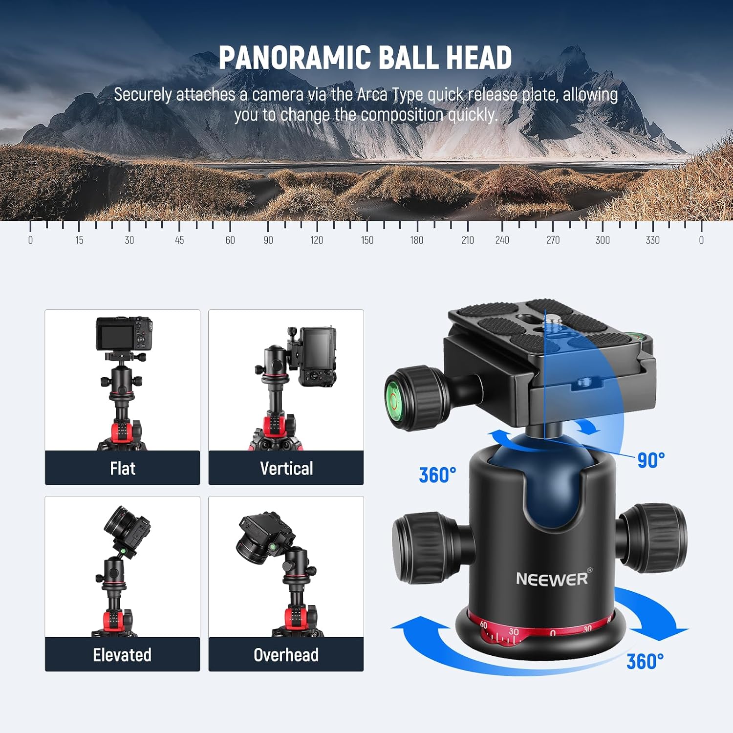 NEEWER 79 inch Camera Tripod Monopod with Center Column and Ball Head Aluminum, Arca Type QR Plate, Bag, Horizontal Tripod Overhead Camera Mount for DSLR Camera, Video Camcorder, Max Load: 33lb