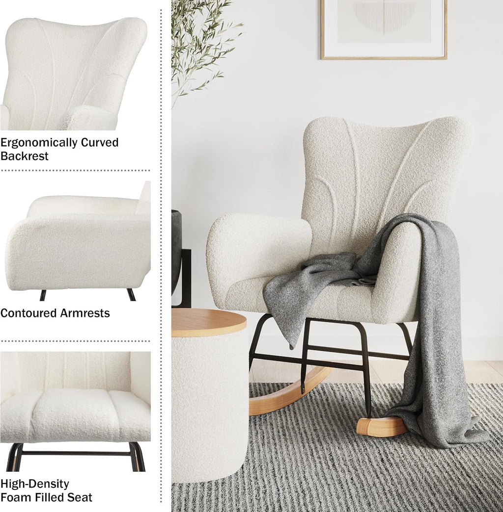 Rocking Chair - Teddy Fabric Upholstered Chair with Padded Seat and Contoured Armrests - Ergonomic Modern Rocker for Bedroom by Lavish Home (Cream)