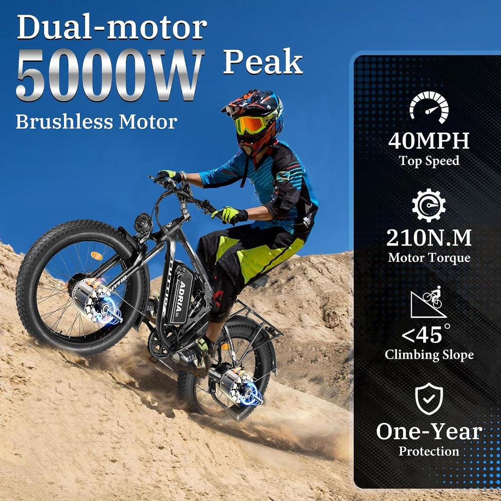 TUTTIO Adria26 5000W/6000W Dual Motor Ebike, 40-46MPH Electric Bike for Adults, 26' x 4' Fat Tire Electric Mountain Bike, 52V 25AH E-Bike Full Suspension Electric Dirt Bike for Off-Road Hunting