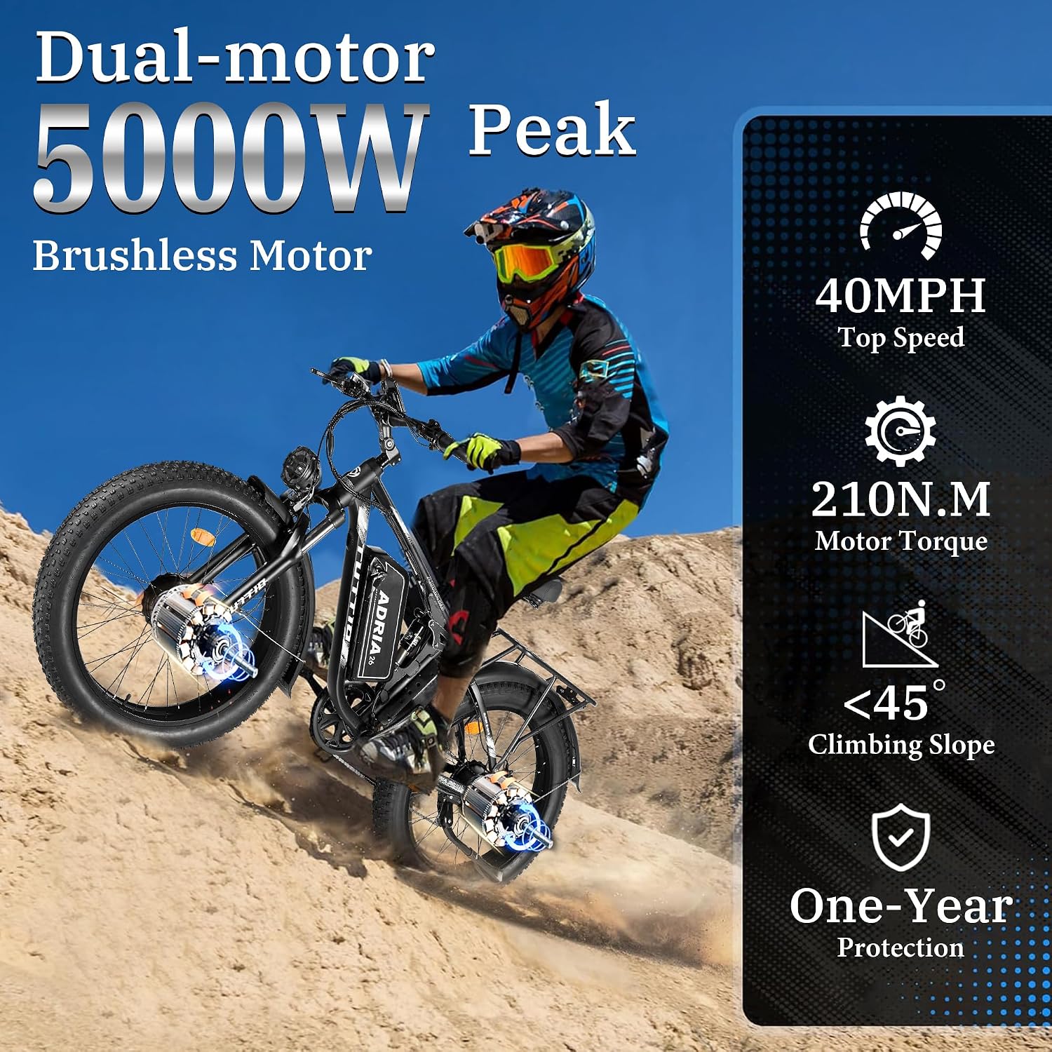 TUTTIO Adria26 5000W/6000W Dual Motor Ebike, 40-46MPH Electric Bike for Adults, 26' x 4' Fat Tire Electric Mountain Bike, 52V 25AH E-Bike Full Suspension Electric Dirt Bike for Off-Road Hunting
