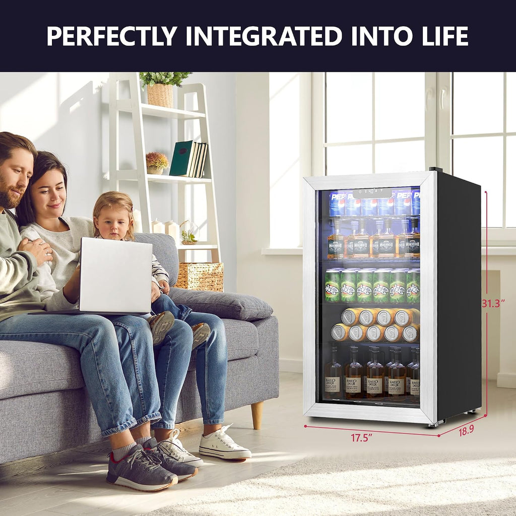 Icyglee Beverage Refrigerator Cooler - 126 Can Mini Fridge with Glass Door for Soda Beer or Wine, Beverage Cooler for Home, Office, Bar with Adjustable Removable Shelves, Silver
