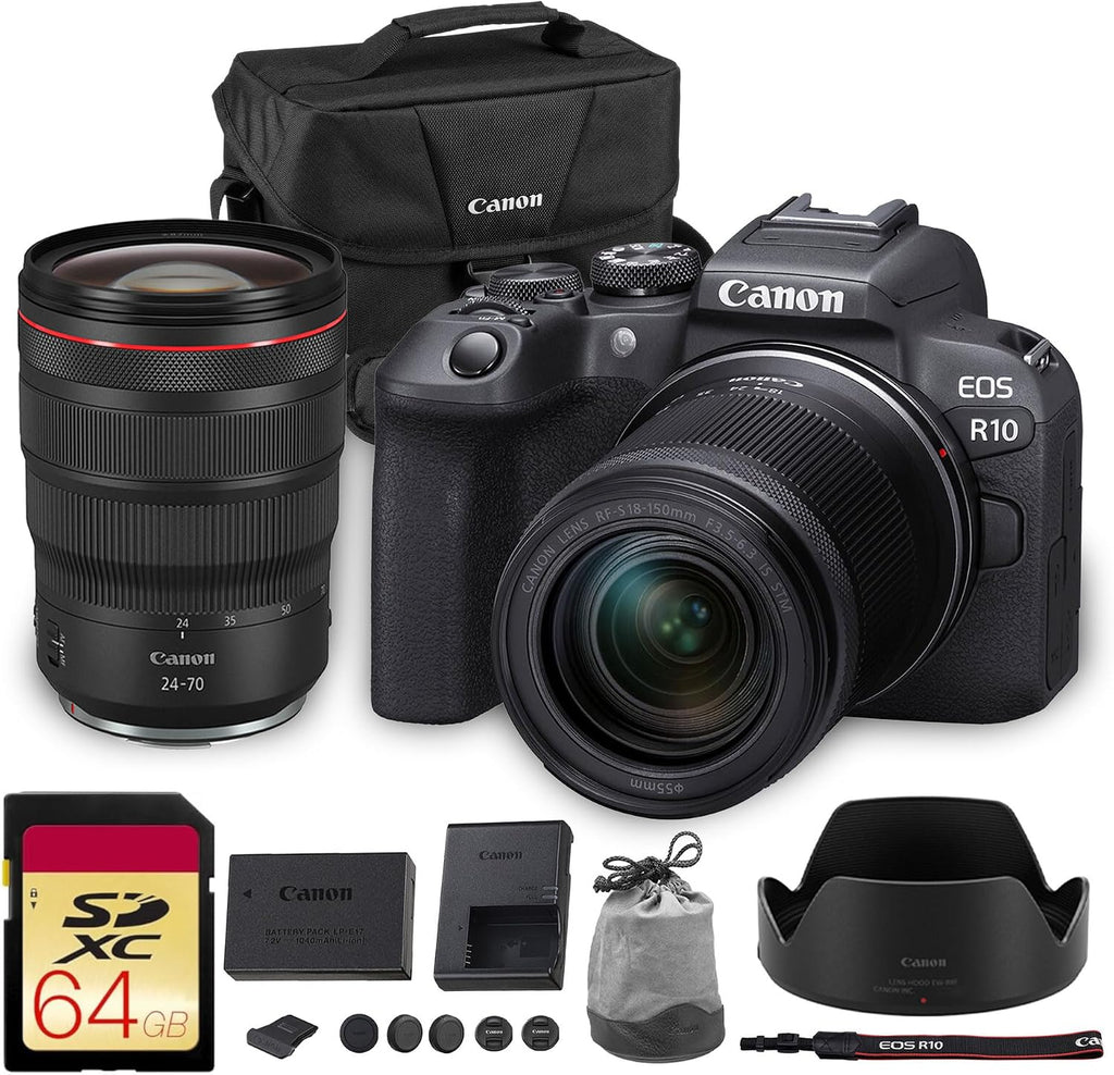 Canon EOS R10 Mirrorless Camera Kit | 24.2MP APS-C Sensor with RF-S 18-150mm Lens | 4K Video Dual Pixel AF Compact Travel Photography (5331C016) + Canon RF 24-70mm Lens + 64GB Card + Bag
