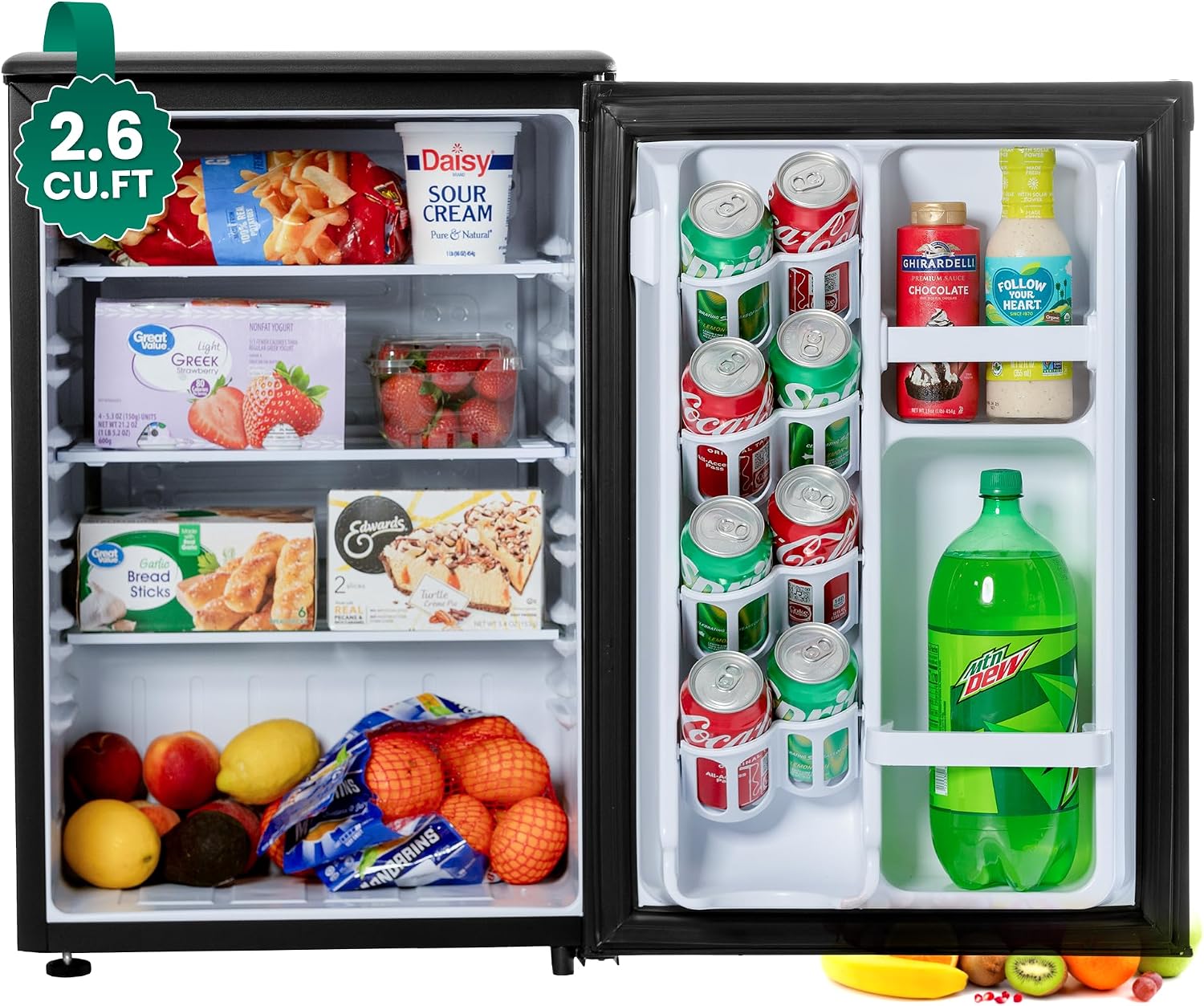 roomwell E-Star 2.6 Cu Ft Mini Fridge without Freezer - Black Mini Fridge AUTO DEFROST, Reversible Single Door, Glass Shelf Refrigerator - A Space-Saving Marvel for Your Bedroom, Dorm, and Office