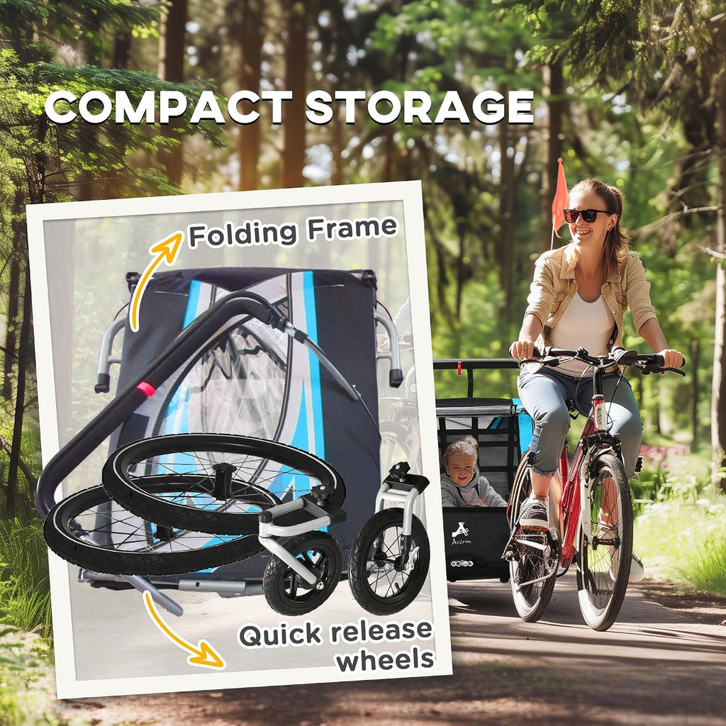 Aosom 3-in-1 Walk/Jog/Ride Child Baby Bike Trailer for Kids 2 Seater, High-Visibility Bike Stroller for Toddler Wagon, Weather-Strong Double Bicycle Trailer Accessory