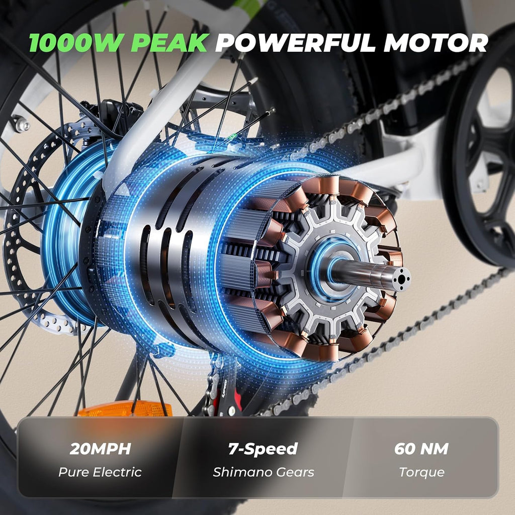isinwheel U7 E Bike for Adults Electric Bike with Dual Cargo Rack, 48V 1000W Peak Ebikes for Adults, 7 Speed Gear, 20mph Step Thru Cruiser Electric Bicycles, 20' × 3' Fat Tire Ebike