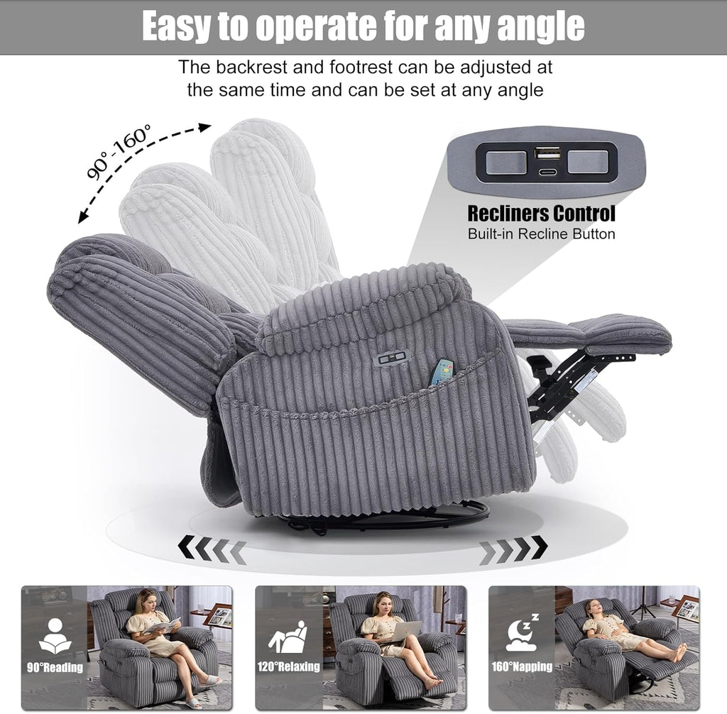 SINCRUMI Power Swivel Rocker Recliner Chair for Adults with Massgae and Heat, USB and Type-C Charging Port, Infinite Position, Electric Glider Rocking Chairs for Living Room, Nursery, Grey