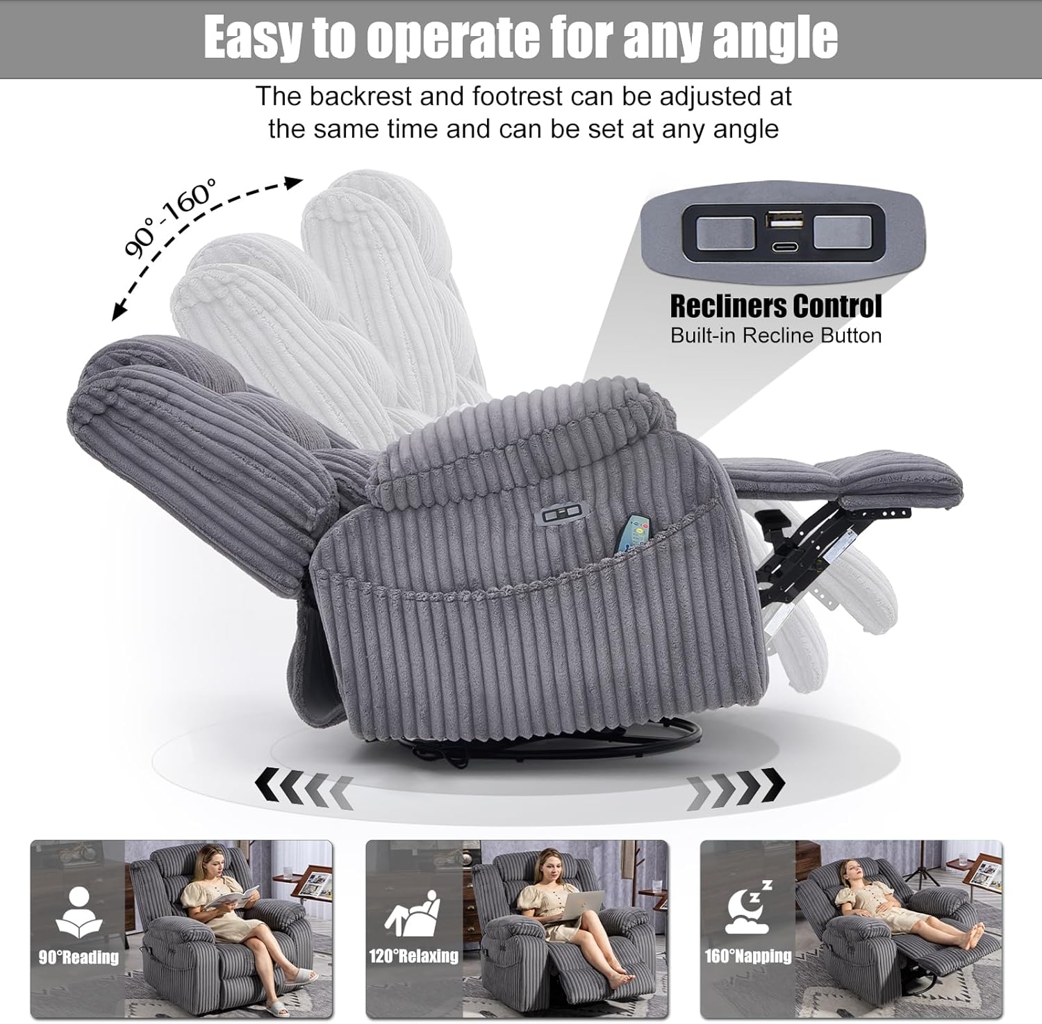 SINCRUMI Power Swivel Rocker Recliner Chair for Adults with Massgae and Heat, USB and Type-C Charging Port, Infinite Position, Electric Glider Rocking Chairs for Living Room, Nursery, Grey