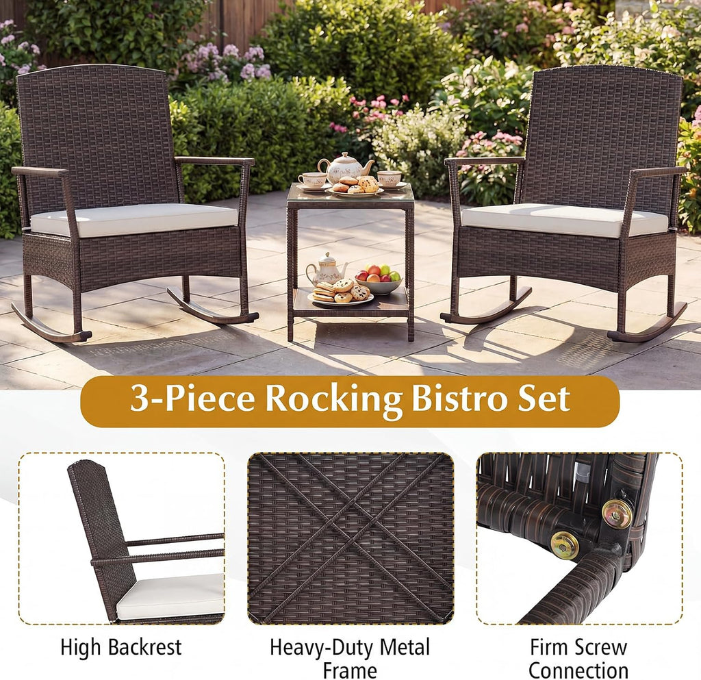 Tangkula 3 Pieces Rocking Wicker Bistro Set, Outdoor Front Porch Rocker Chairs Conversation Set with 2-Tier Tempered Glass Coffee Table and Thick Cushions for Garden, Balcony, Poolside (Off White)