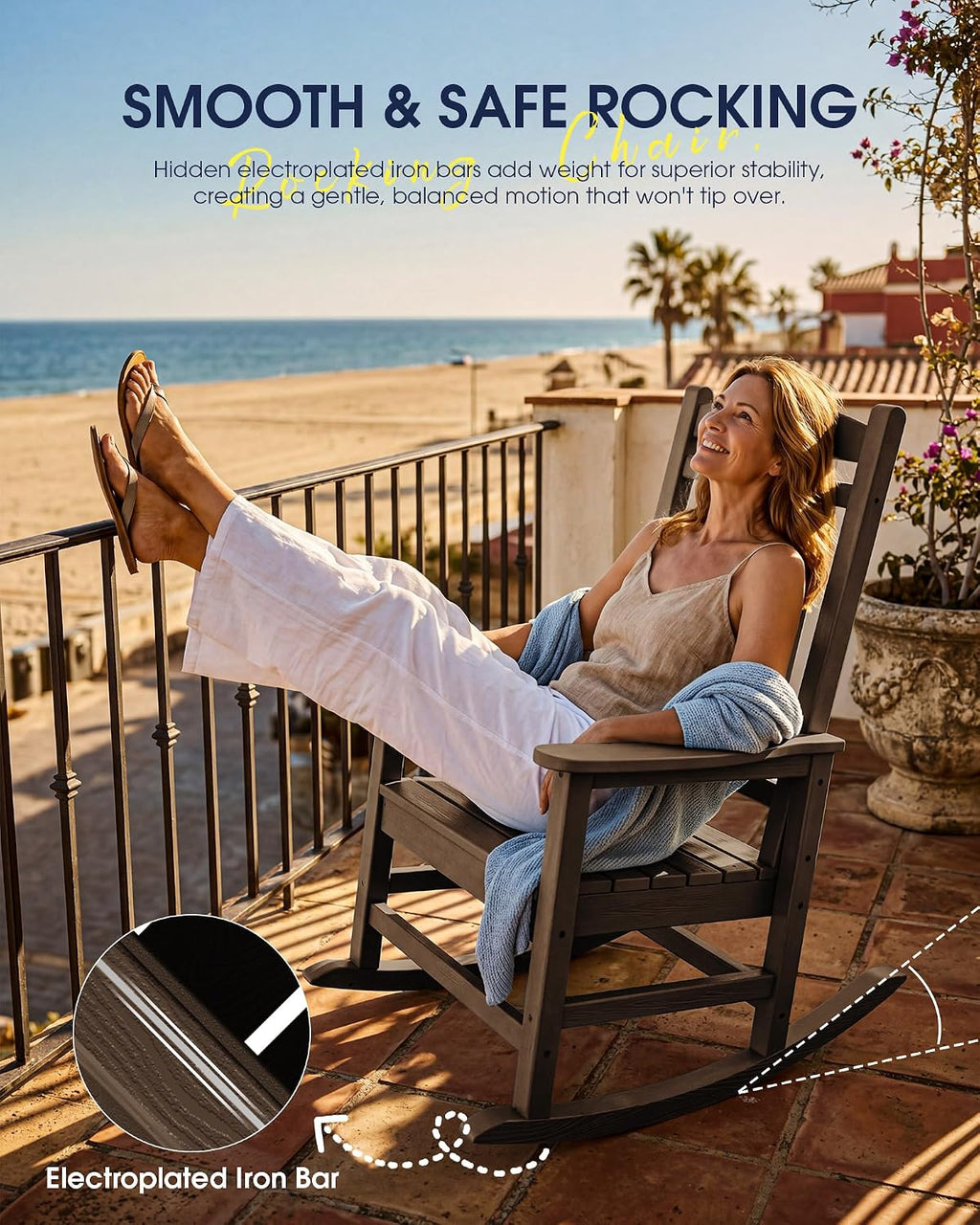 KINGYES Oversized Outdoor Rocking Chair Set 2, All Weather HDPE Patio Rocking Chairs for Adults, Coffee Brown