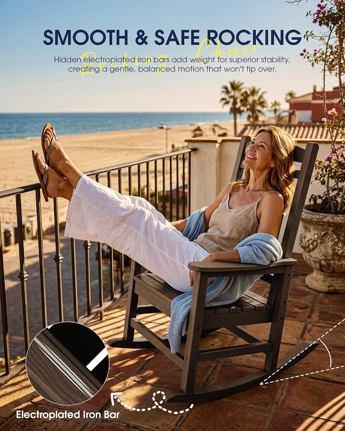 KINGYES Oversized Outdoor Rocking Chair Set 2, All Weather HDPE Patio Rocking Chairs for Adults, Coffee Brown