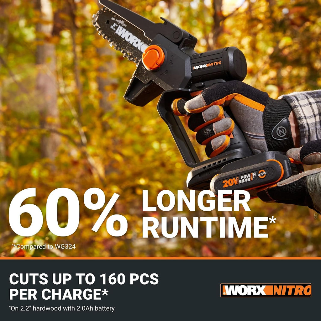 Worx Nitro 20V 5' Cordless Brushless Chainsaw 2.0 Ah Battery and Charger Included WG325