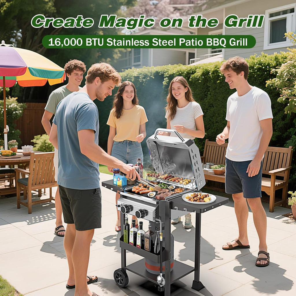 2-Burner Stainless Steel Propane Gas Grill, 16,000 BTU Patio Garden Barbecue Grill with Foldable Shelves, Grates and Griddle Pan for Outdoor Patio Garden Cooking and BBQ