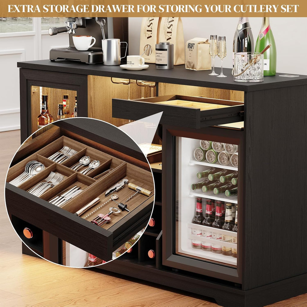 BROTTAR Coffee Bar Cabinet with Fridge (Fridge Included), Large Liquor Bar Cabinet with LED Lights, Glass Holder & Wine Rack, Wine Cabinet with Human Body Sensor, Buffet Sideboard for Home, Black