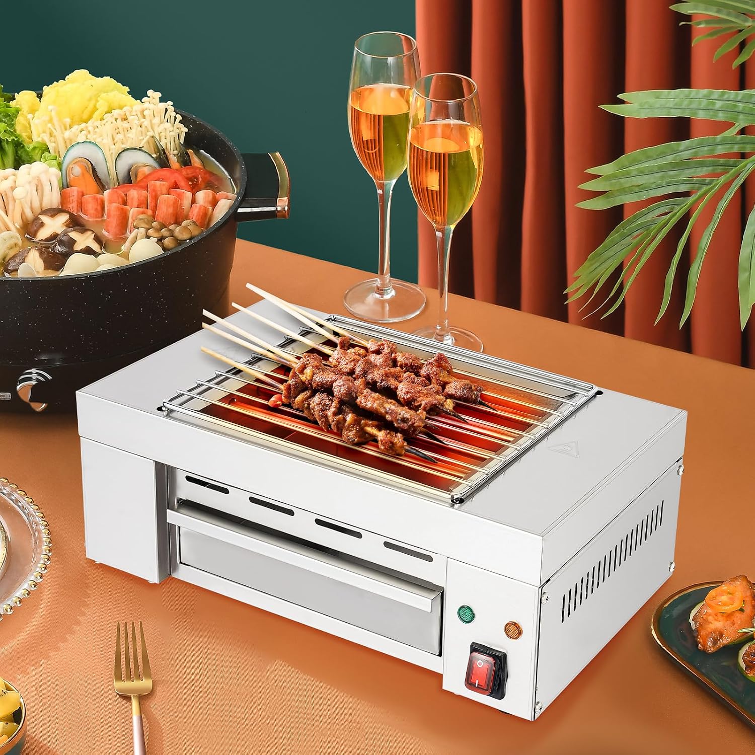 Electric Indoor Outdoor Grill 1500W Countertop BBQ Grill Removable Smokeless Grill Barbecue Oven Grill, Stainless Steel Drip Tray, Temperature Adjustment for Party Cooking Home Commercial