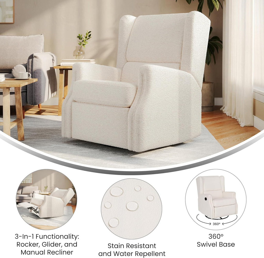 Flash Furniture Omma Swivel Glider Rocking Recliner, Manual Wingback Recliner with 360 Degree Swivel, for Living Room, Bedroom, or Nursery, Upholstered, Off-White Boucle