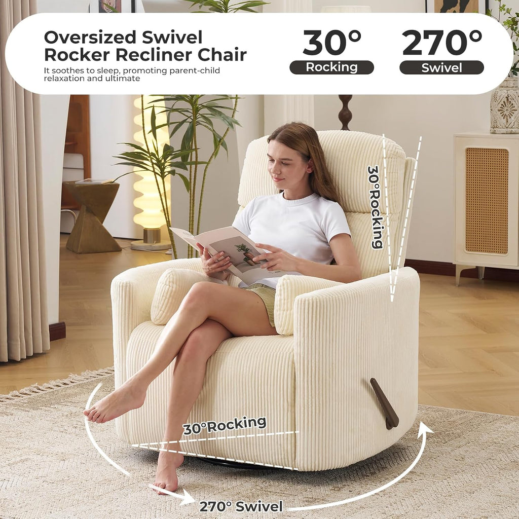 Oversized Swivel Rocker Recliner with Massage and Heat, Swivel Nursery Recliner with Adjustable Headrest, Manual Rocker Recliner Chair with Two Removable Pillows, Rocking Nursery Chair,Corduroy Beige