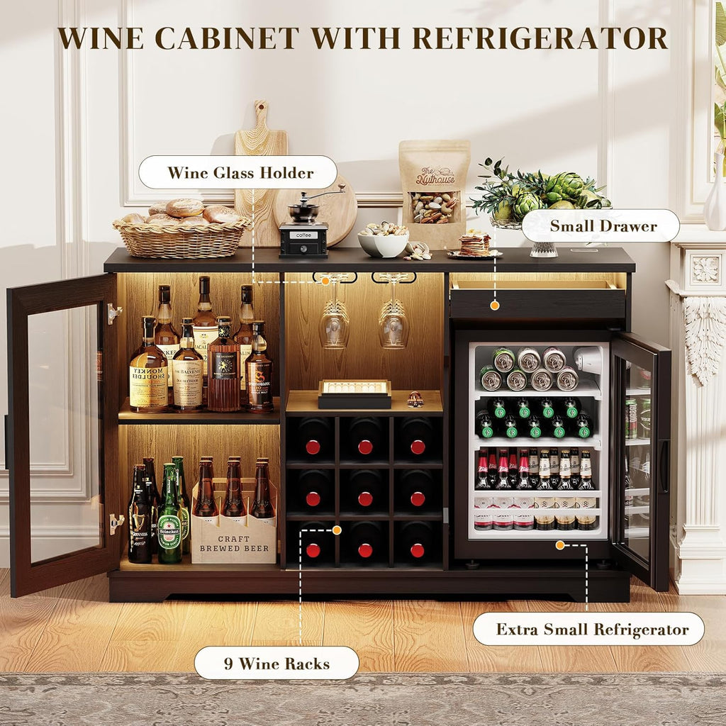 BROTTAR Coffee Bar Cabinet with Fridge (Fridge Included), Large Liquor Bar Cabinet with LED Lights, Glass Holder & Wine Rack, Wine Cabinet with Human Body Sensor, Buffet Sideboard for Home, Black