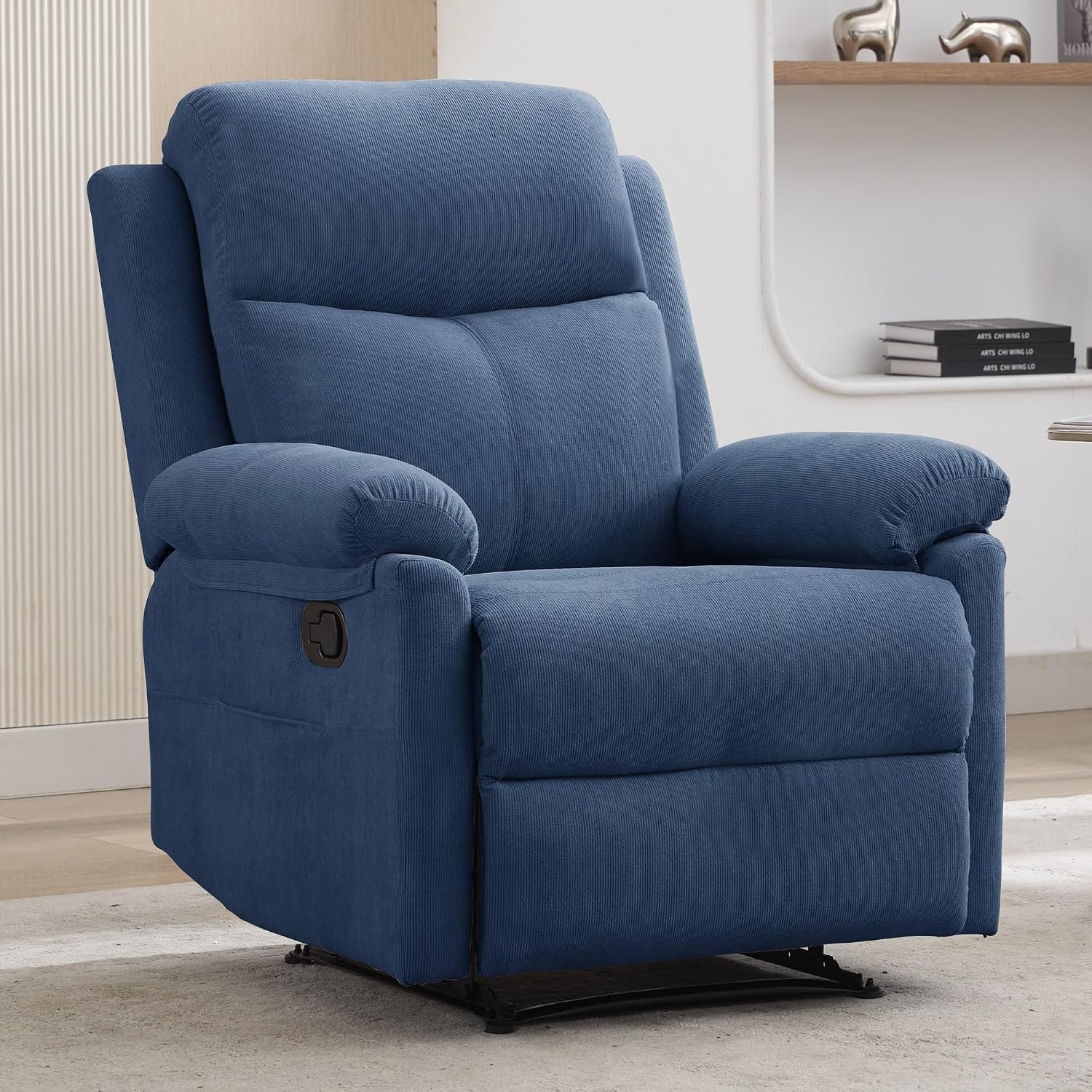 Korser Recliner Chair, Manual Recliner for Adults with Side Pocket, Small Recliners for Small Spaces, Adjustable Comfy Overstuffed Corduroy Reclining Chairs for Living Room, Reading, Bedroom, Blue