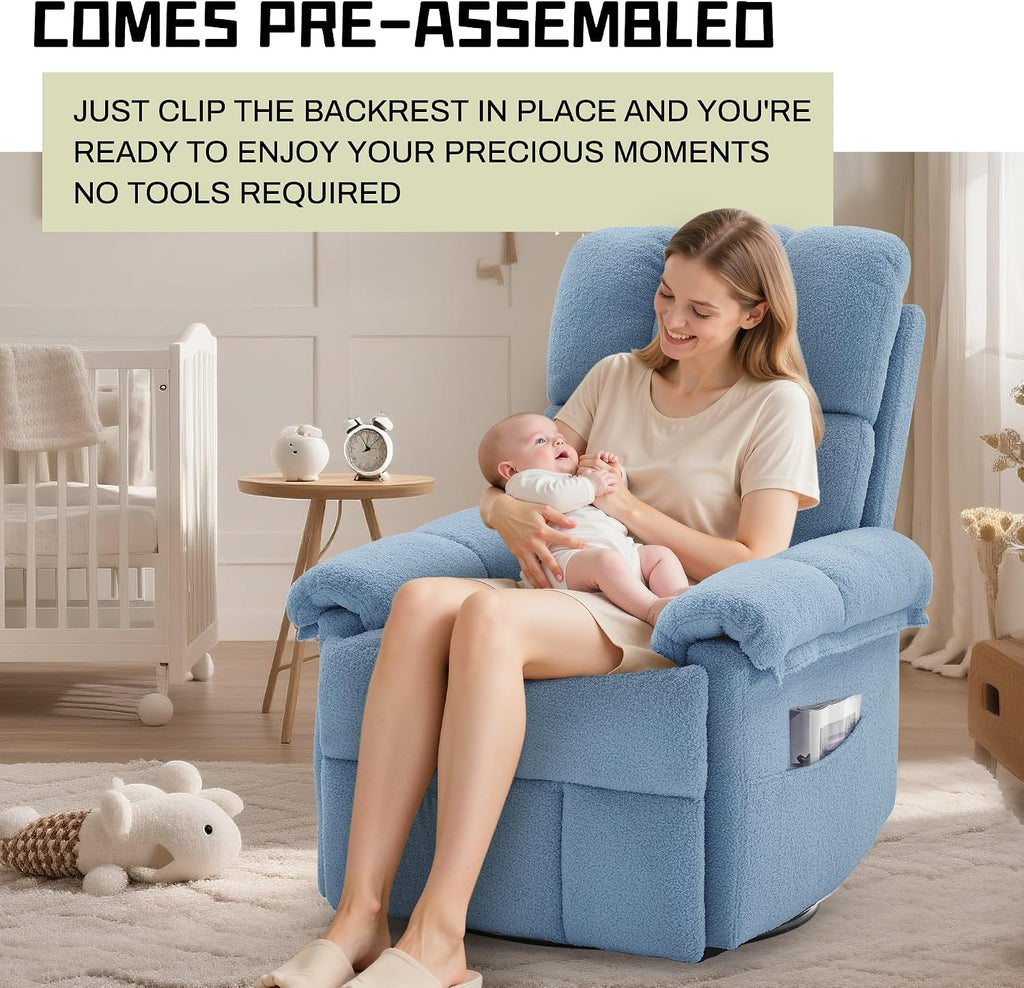 Korser Recliner Chair, Swivel Rocker Recliner Chair for Adults, Small Recliners for Small Spaces, Manual Recliner with Side Pockets, Upholstered Nursery Rocking Chair for Living Room, Sherpa, Blue