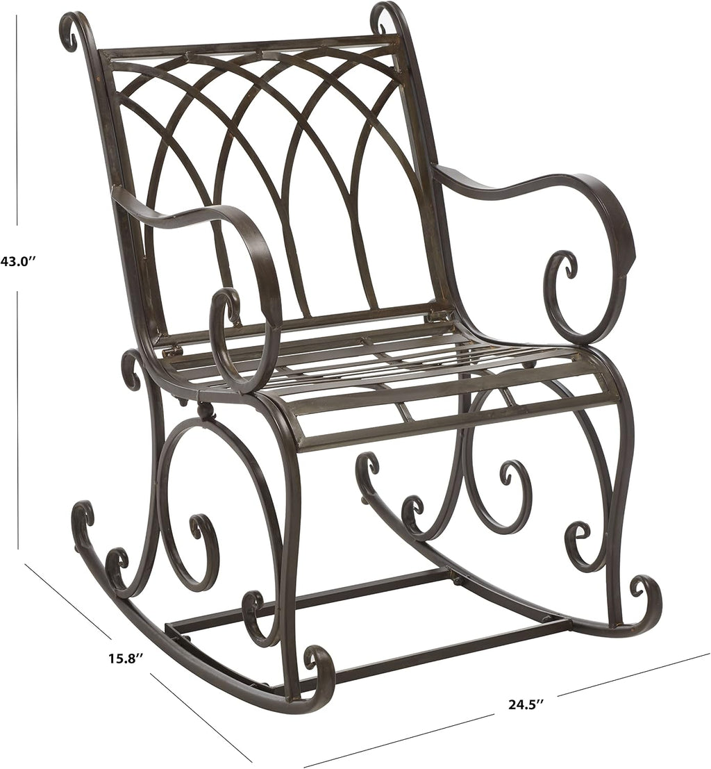 SAFAVIEH Outdoor - Medrano Iron Rocking Chair - Rustic Brown Iron Metal - Vintage Ornate Scrollwork Design - Ideal for Patio, Deck, Porch, Garden, 15' Seat Height (PAT5030B)