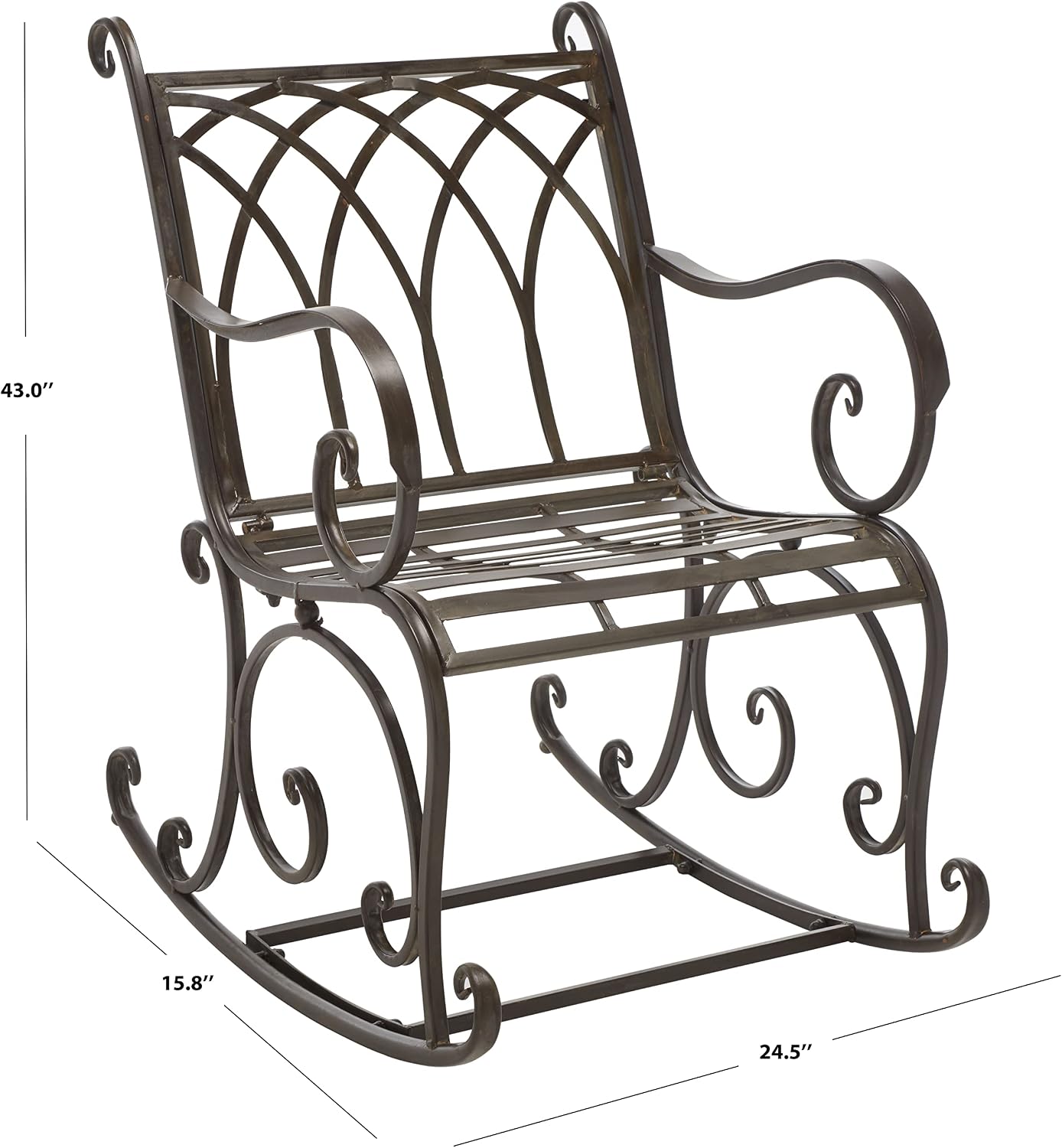 SAFAVIEH Outdoor - Medrano Iron Rocking Chair - Rustic Brown Iron Metal - Vintage Ornate Scrollwork Design - Ideal for Patio, Deck, Porch, Garden, 15' Seat Height (PAT5030B)