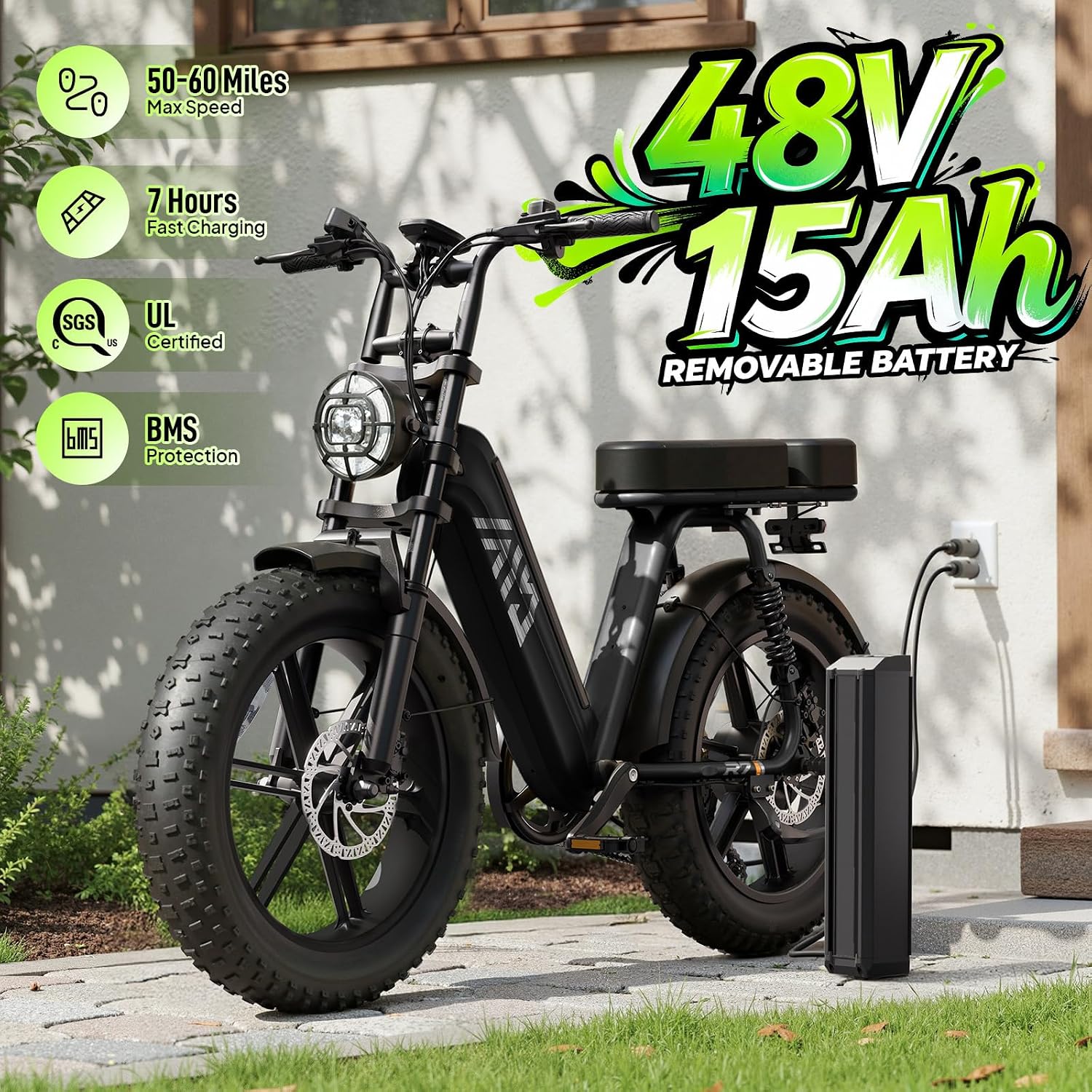TST Electric Bike for Adults, 1500W Peak Motor 60 Miles Fat Tire Ebike with 48V 15Ah Removable Battery 20' Fat Tire Electric Bike, Full Suspension and 7-Speed