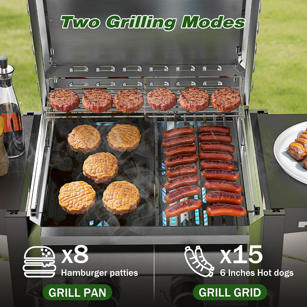 2-Burner Stainless Steel Propane Gas Grill, 16,000 BTU Patio Garden Barbecue Grill with Foldable Shelves, Grates and Griddle Pan for Outdoor Patio Garden Cooking and BBQ