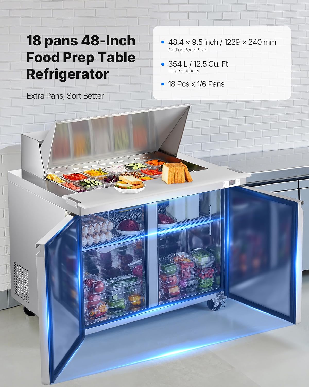 VEVOR 48'W Commercial Refrigerator, 12.5 Cu. Ft Sandwich Prep Refrigerated Table, Mega Top Food Prep Fridge with 18 Pans and Cutting Board, Stainless Steel Salad Prep Cooler for Restaurant, Food Truck
