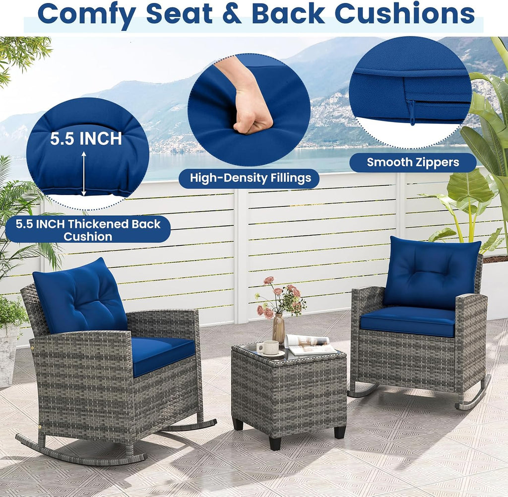 Tangkula 3 Piece Wicker Rocking Set, Patio Rattan Roker Chairs with Tempered Glass Table & Soft Cushions, Outdoor Furniture Set for Backyard, Poolside Porch (Mix Gray & Navy)