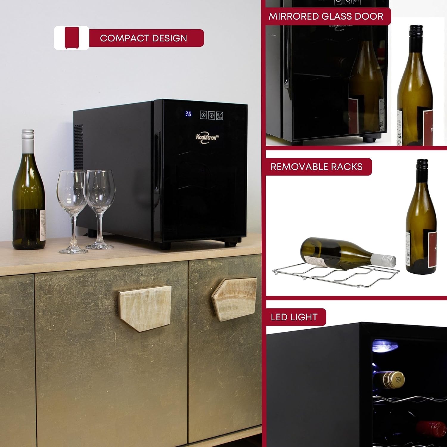 Koolatron 6 Bottle Wine Fridge – Freestanding Wine Cooler with Glass Door, 0.6 cu ft (16 L) Beverage Can Refrigerator, Digital Temperature Control, Ideal for Red, White & Sparkling Wine, Champagne