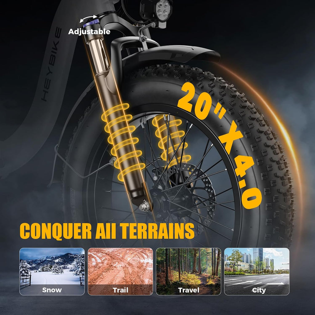 Heybike Ranger 2.0 Foldable Electric Bike for Adults, 20'*4 Fat Tire Ebike with 1400W Peak Motor, 28 MPH Max Speed, 600Wh Removable Battery, Up to 65 Miles Range, Front Suspension Step-Thru E Bike
