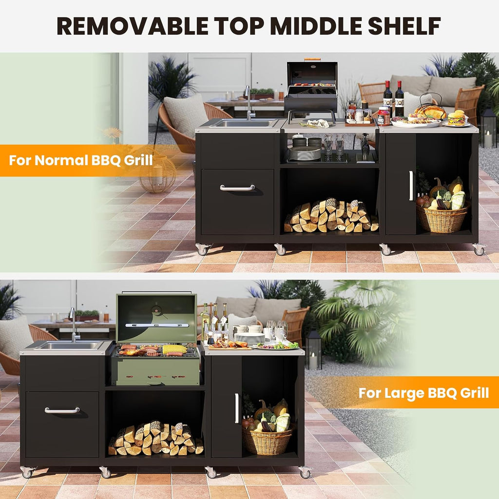 Happygrill 80' Outdoor Grill Table with Sink & Drainage, Heavy Duty Metal Grill Cart w/Cabinet & Removable Stainless Steel Top, Portable Prep Cooking Table w/Wheels for BBQ, Patio, Camping & Backyard